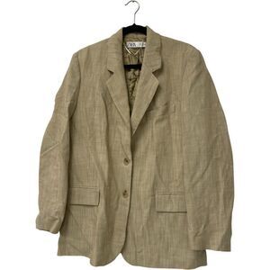 ZARA Men Blazer Jacket Size Medium Beige Tan Linen Two-Button Sport Coat NWOT